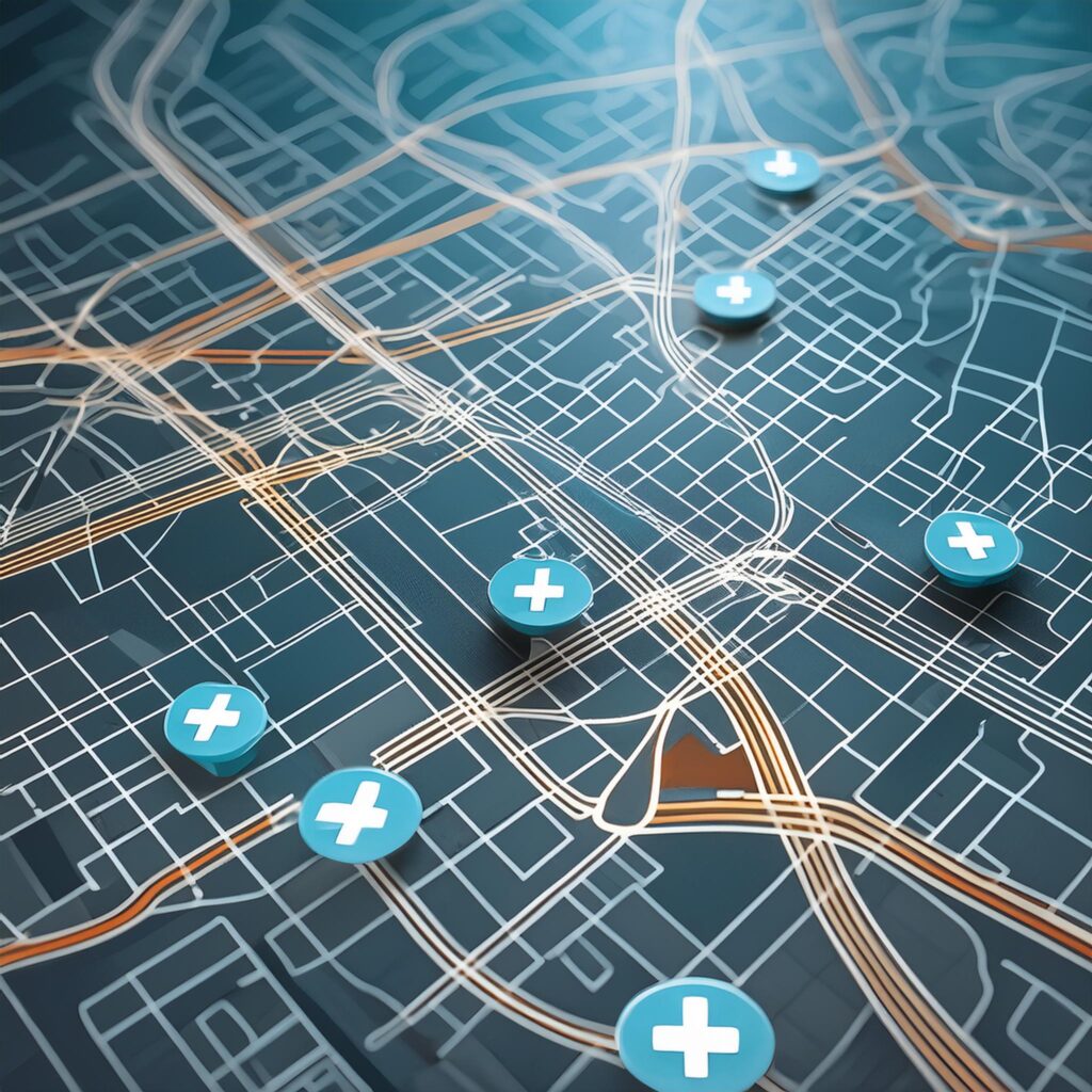 Plan de ville avec emplacements d'hôpitaux.